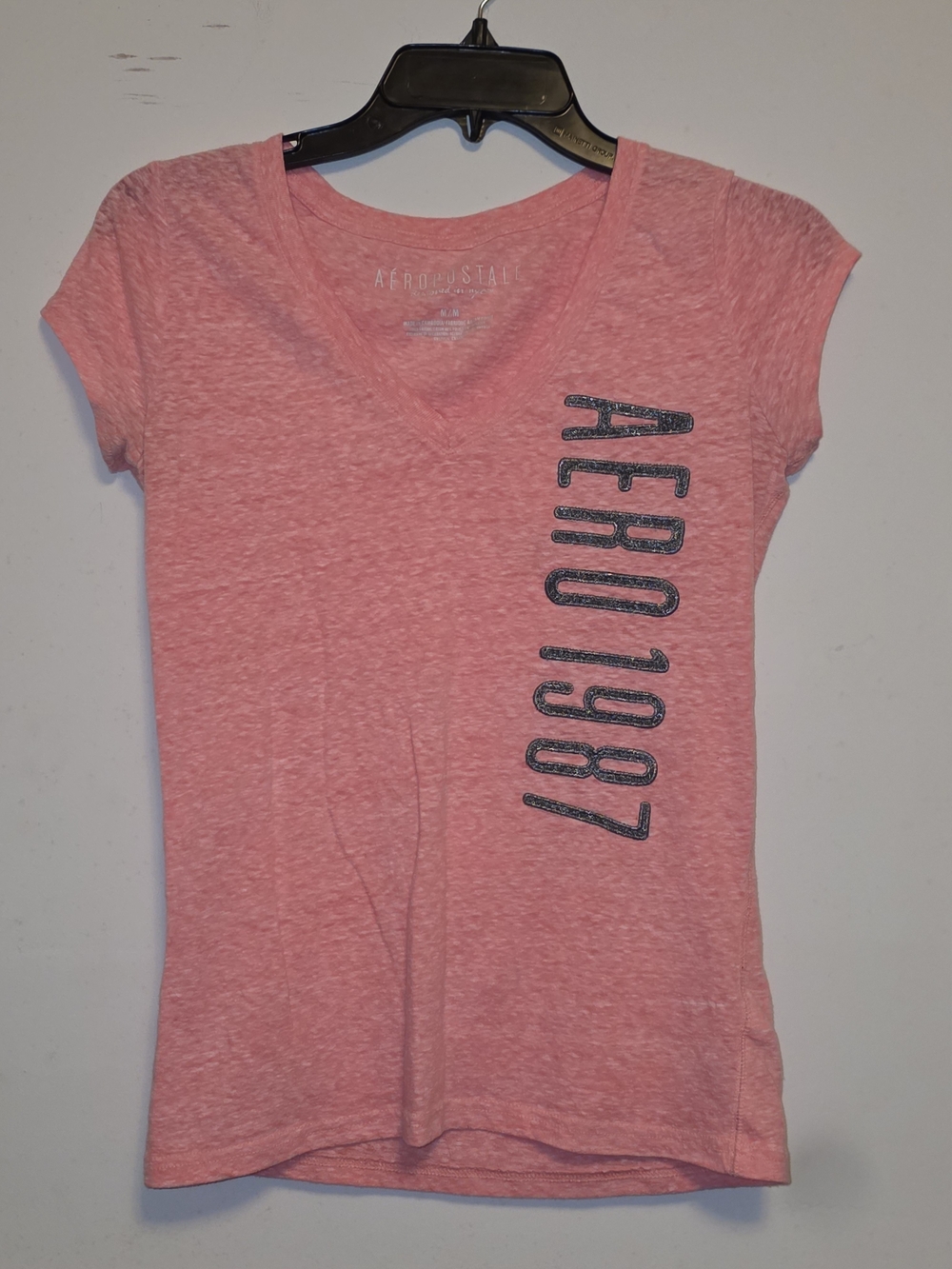 Aeropostale Heather Pink V-Neck Tee with Vertical Logo